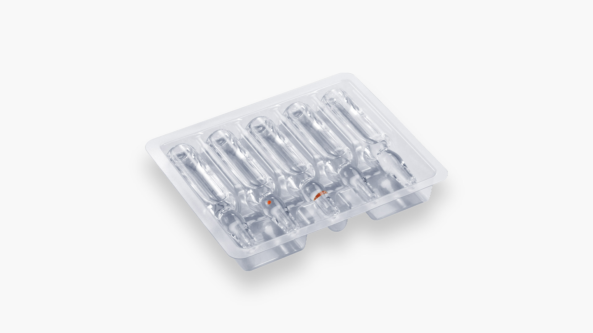 Five glass ampoules inserted into clamp packaging.